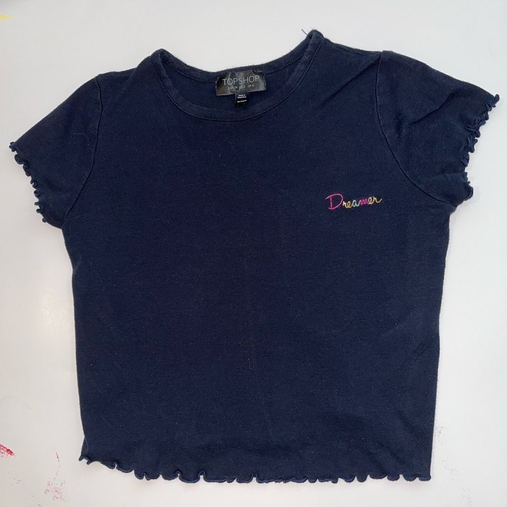 Topshop navy blue baby tee with ruffle detailing and embroidered logo